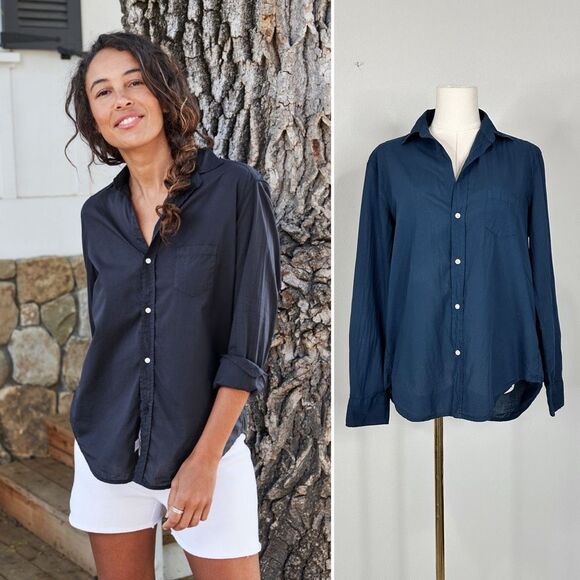 Frank & Eileen Tops - Frank & Eileen Navy Italian Cotton Eileen Shirt Sz  S Preppy Coastal Old Money